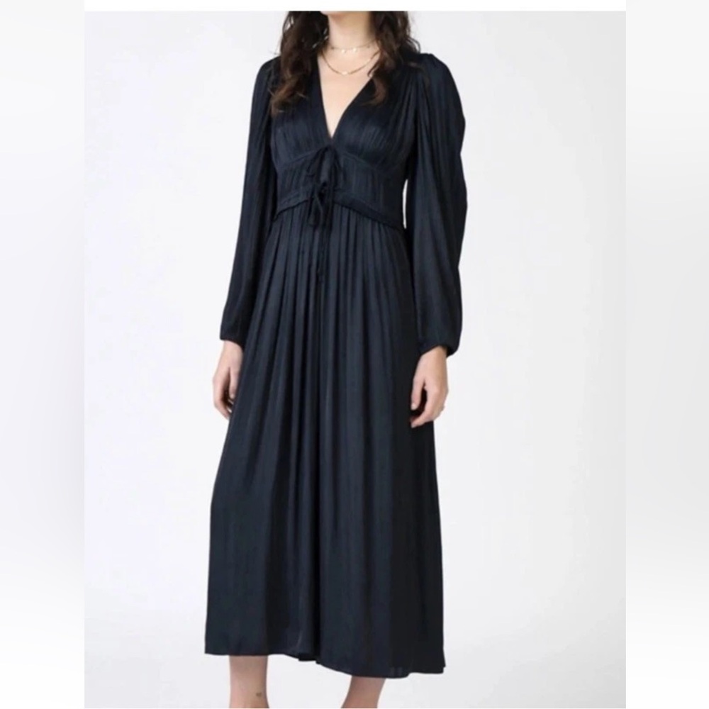 Anthropologie Navy Long -Sleeve V-Neck Midi Dress